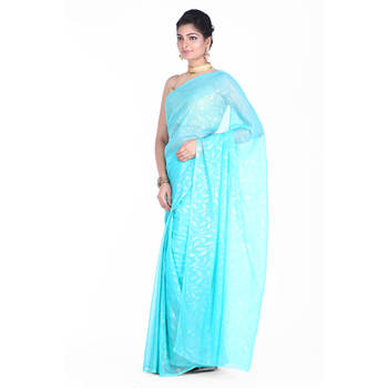 Blue printed chiffon saree with blouse 1