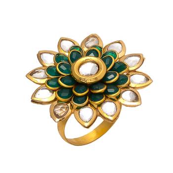 Green Golden Kundan Pacchi Work Ring 1