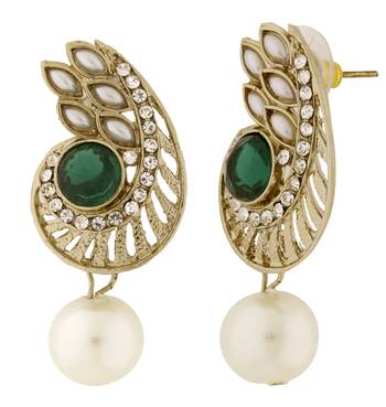 Paisley Filigree American Diamond Pearl Green Earring For Women 1