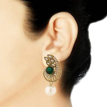 Paisley Filigree American Diamond Pearl Green Earring For Women 2