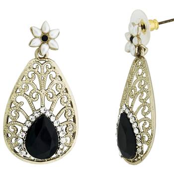 Pear Flower Filigree Antique Rhodium Pearl Black Earring For Women 1