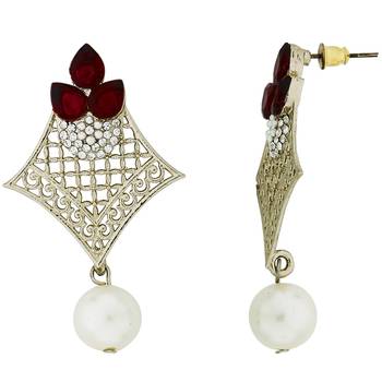 Pear Flower Filigree Antique Rhodium Pearl Red Earring For Women 1