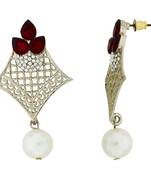 Pear Flower Filigree Antique Rhodium Pearl Red Earring For Women