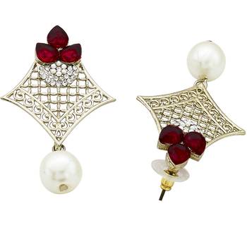 Pear Flower Filigree Antique Rhodium Pearl Red Earring For Women 2