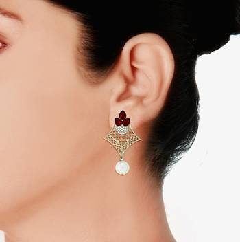 Pear Flower Filigree Antique Rhodium Pearl Red Earring For Women 4