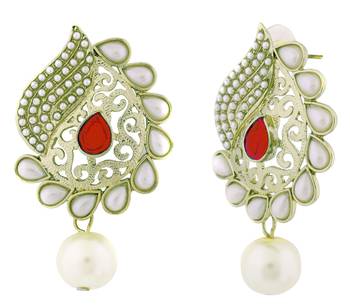 Paisley Filigree Antique Rhodium Pearl Red Earring For Women 2