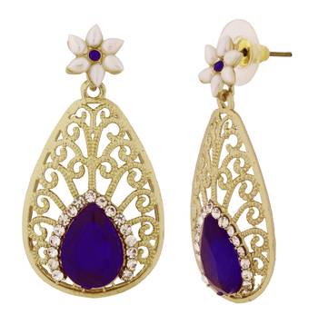 Pear Flower Filigree Antique Rhodium Pearl Blue Earring For Women 1