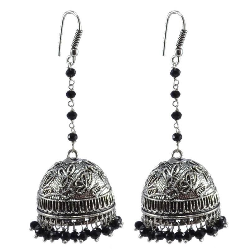 Black Beaded Indian JhumkaHandmade Hook EarringsJaipur Jewellery