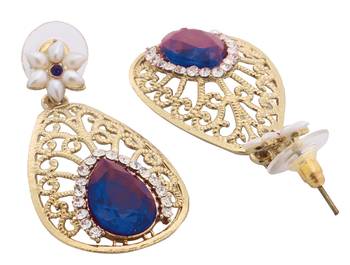 Pear Flower Filigree Antique Rhodium Pearl Blue Earring For Women 2