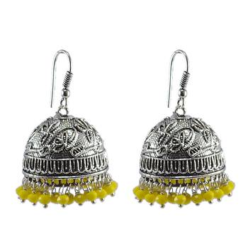Ethnic- Style Silver Mixed Oxidized Yellow Crystal Jhumki Earring-Indian Fashion Jewelry- 1