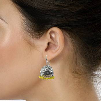 Ethnic- Style Silver Mixed Oxidized Yellow Crystal Jhumki Earring-Indian Fashion Jewelry- 2