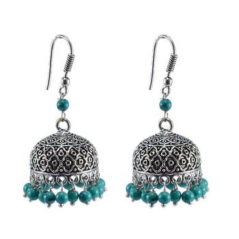 Ethnic Oxidized Jhumka With Reconstituted Turquoise Beads-Handcrafted Tribal Jewelry- 1