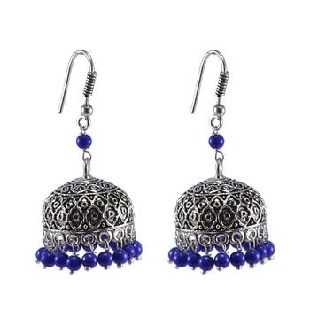 Indian Beautiful Oxidized Jhumka Earrings-Reconstituted Lapis Beads Jaipur Jewellery 1