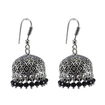 Antiquated Black Metal Jhumki Earrings With Tiny Black Crystals 1