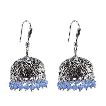 Tribal Jhumka With Tanzanite Crystals-Antique Silver Polished Jhumka-Punjabi Wedding Jewelry 1
