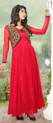 Red Embroidered Net Semi-stitched Evening wear Gown with Jacket & dupatta 1