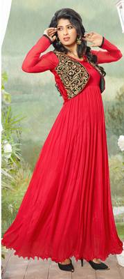 Red Embroidered Net Semi-stitched Evening wear Gown with Jacket & dupatta 2