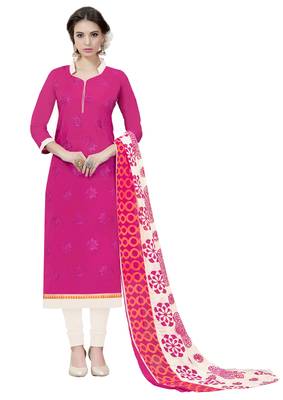 Pink embroidered chanderi unstitched salwar with dupatta 1