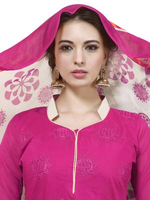 Pink embroidered chanderi unstitched salwar with dupatta 2