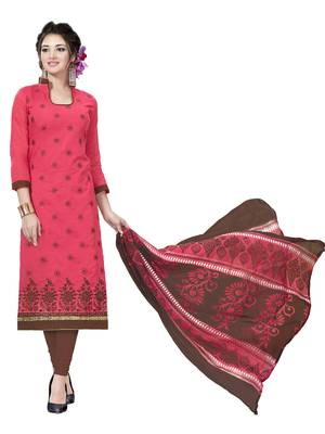Pink embroidered chanderi unstitched salwar with dupatta 1