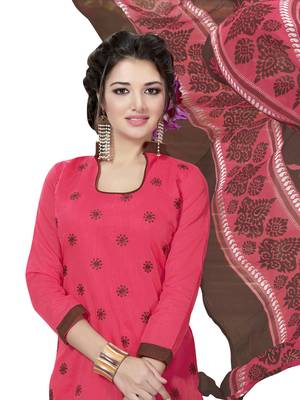 Pink embroidered chanderi unstitched salwar with dupatta 2