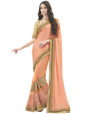 Peach embroidered chiffon saree with blouse 1