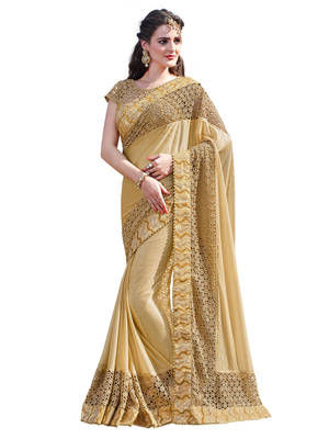 Beige embroidered lycra saree with blouse 1