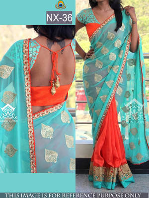 Sky blue embroidered georgette saree with blouse 1