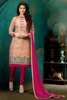 Peach chanderi embroidered straight suit dress material 1