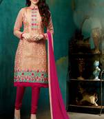 Peach chanderi embroidered straight suit dress material