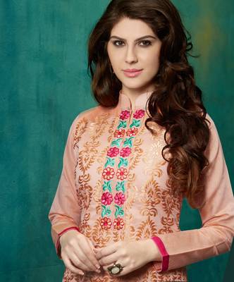 Peach chanderi embroidered straight suit dress material 2