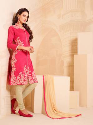 Red embroidered Chanderi unstitched salwar with dupatta 1