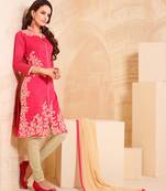 Red embroidered Chanderi unstitched salwar with dupatta
