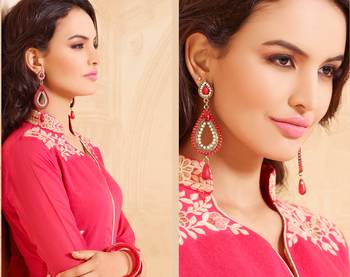 Red embroidered Chanderi unstitched salwar with dupatta 2