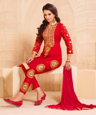 Red Chanderi Embroidered Straight Suit Dress Material 2