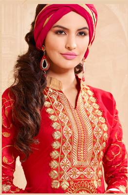 Red Chanderi Embroidered Straight Suit Dress Material 3
