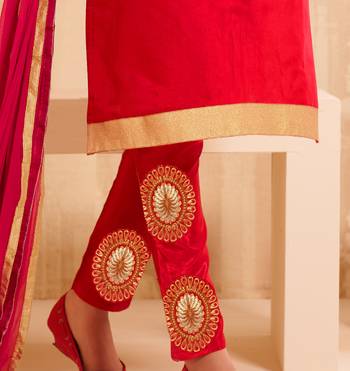 Red Chanderi Embroidered Straight Suit Dress Material 4