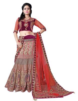 Orange zari woven velvet unstitched lehenga 1