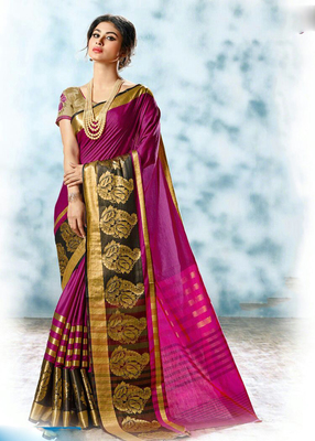 Women's Cotton Silk Purple Printed Designer Saree With Blouse Piece