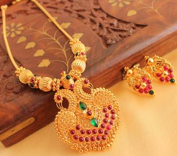 Royal Ruby Emerald Designer Peacock Necklace With Screw Type Earrrings  1