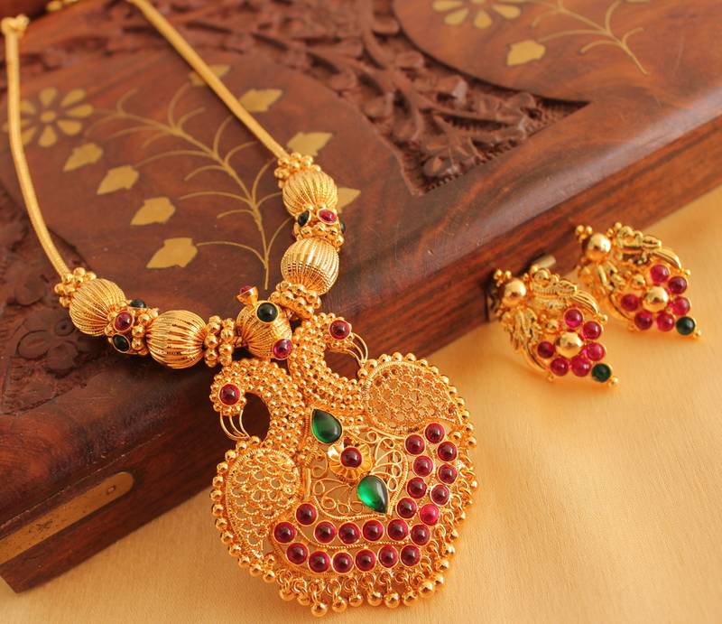 Royal Ruby Emerald Designer Peacock Necklace With Screw Type Earrrings 