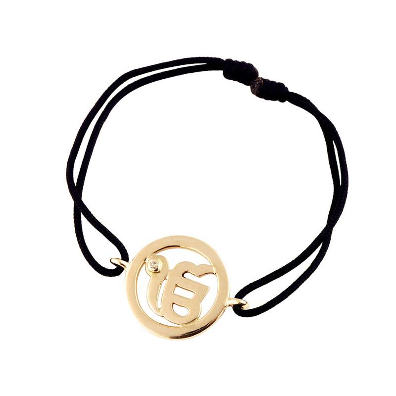 Sikh Ik Onkar 14K Gold Bracelet in 18mm diameter on adjustable nylon thread