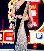 black worked velvet and white net half half actress saree with blouse