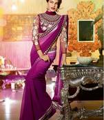 Magenta Georgette Plain Saree With  Worked Lace Border Whth Blouse