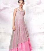Pink hand work satin SIlk Brown Chiffli Embroidery RedyMade Girls Party wear Gown (4-14 years)