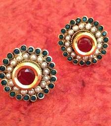 Maroon Green Pearl Kundan Flower Stud Earring Online