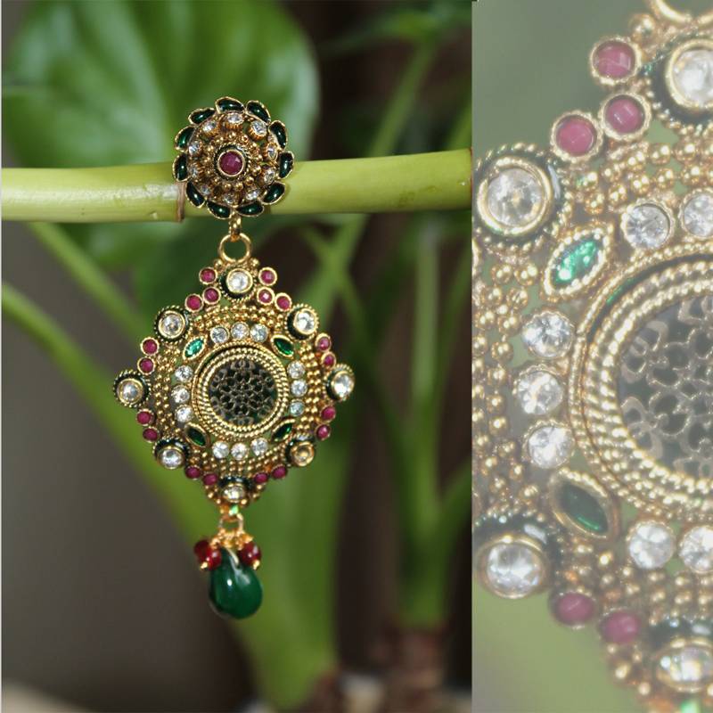 Inlay work earrings with Green Drop