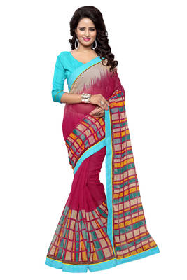 Magenta printed supernet saree with blouse 1