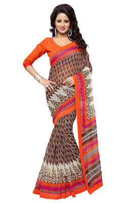 Brown printed supernet saree with blouse 1