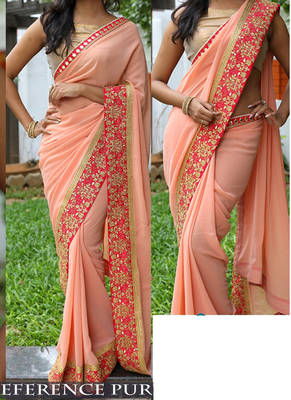 Light Peach Embroidered Georgette Saree With Blouse 2